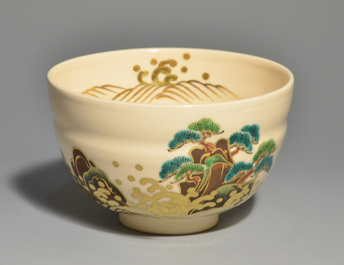 松涛(松に波涛)茶碗 色絵金彩入 真葛窯 宮川香斎(造) | 古美術ささき