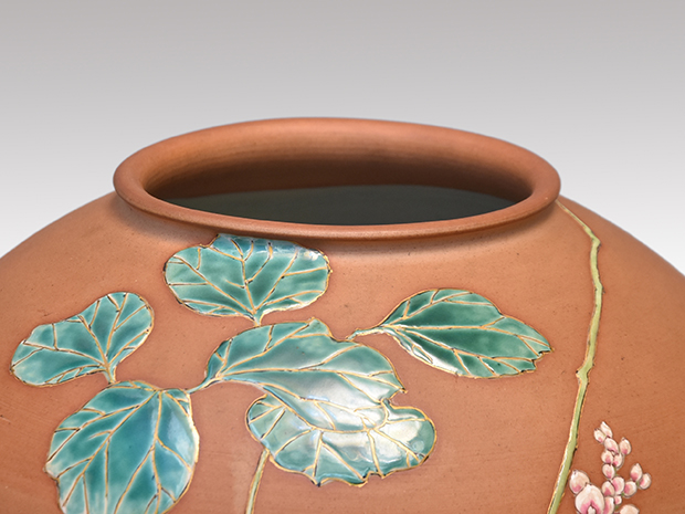 真葛窯 二代 宮川香山(作) 水指 素肌色絵 葛の画 共箱 誂え塗蓋 | 古