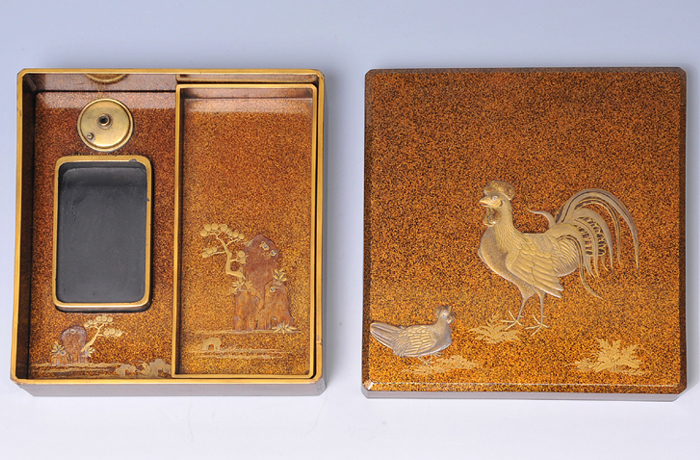 梨地に鶏 高蒔絵 硯箱 江戸後期 | 古美術ささき