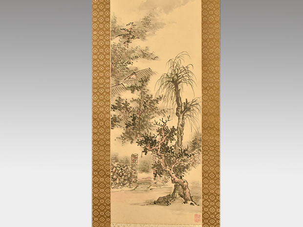 掛軸 山田介堂 絹本縦幅 「芦隠荘詩画」 共箱 大正11年作 | 古美術ささき