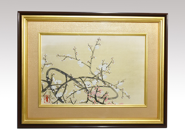 前田青邨 「紅白梅」紙本彩色額装 M12号 東京美術俱楽部鑑定証付 | 古