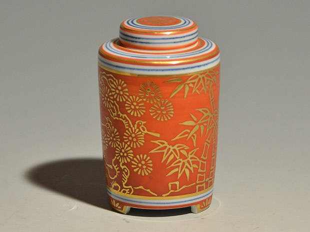 金襴手松竹梅絵 筒形茶器 茶壷 五代 三浦竹泉(作) 共箱 | 古美術ささき