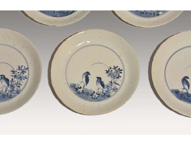 古伊万里（藍九谷様式）花鳥文中皿 径：20cm 7枚 江戸時代中期頃 | 古