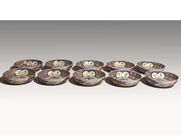 古伊万里 金彩色絵 丸鳳凰文に石畳図皿 10枚 江戸時代後期頃 | 古美術