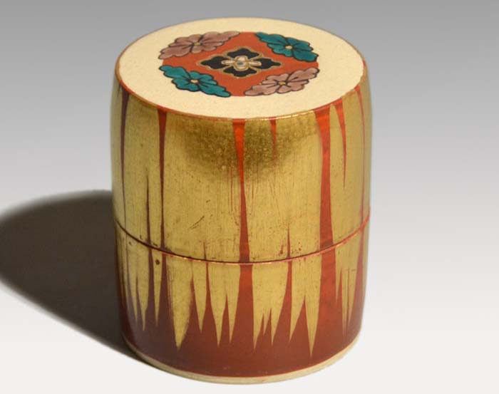 仁清写し 赤絵金彩花文茶器 棗 中村梅山（造）共箱 | 古美術ささき