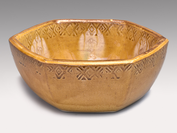 船木研児(作) 黄釉押紋 六角楕円鉢 共箱 布志名焼 | 古美術ささき