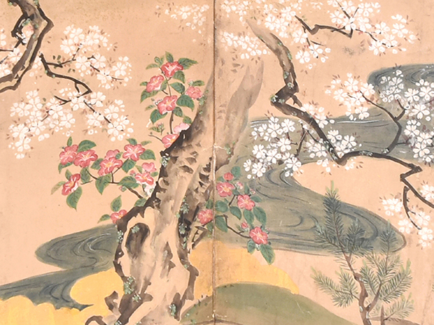 雛屏風 六曲一双 松竹梅に花鳥図 江戸末頃 | 古美術ささき