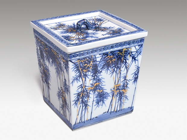 染付金彩竹水指 西村徳泉(作) 共蓋、塗蓋付 共箱 | 古美術ささき