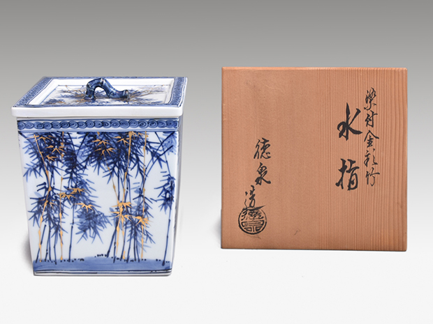 染付金彩竹水指 西村徳泉(作) 共蓋、塗蓋付 共箱 | 古美術ささき
