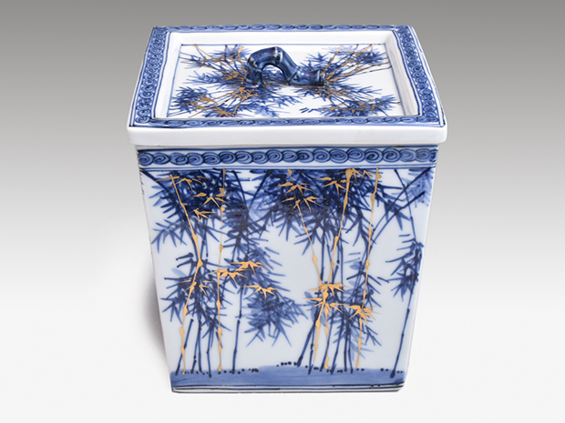 染付金彩竹水指 西村徳泉(作) 共蓋、塗蓋付 共箱 | 古美術ささき