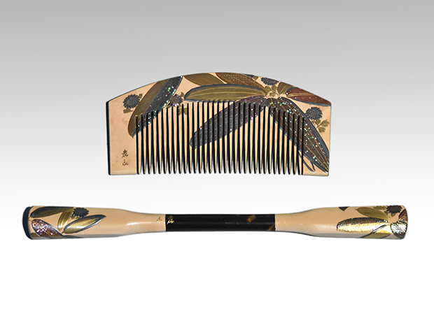 青貝入 観音竹に菊蒔絵 鼈甲地 櫛笄揃 孝永(作) 戦前三越販売品 | 古