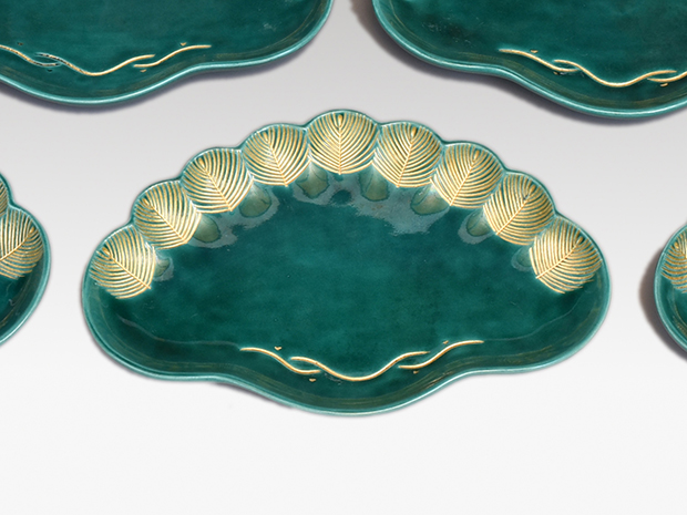 永楽善五郎(即全) 青交趾 金彩入 老松皿 5枚 共箱 菓子皿にも | 古