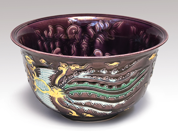 紫交趾写 鳳凰文 菓子鉢 初代 久世久宝(作) 共箱 淡々斎箱書 | 古美術