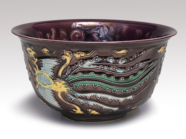 紫交趾写 鳳凰文 菓子鉢 初代 久世久宝(作) 共箱 淡々斎箱書 | 古美術