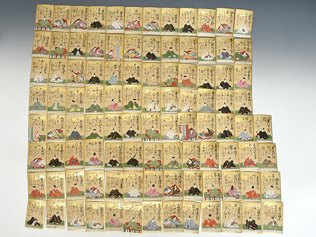 百人一首 歌留多 手書極彩色絵 200枚揃 江戸後期頃 唐草蒔絵二重箱入り