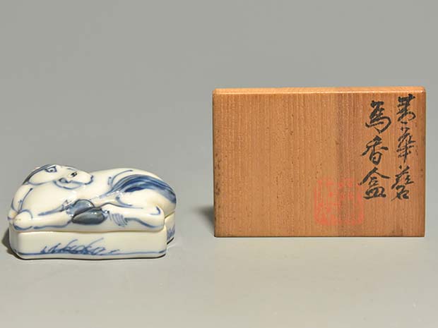 二代三浦竹泉（造）青華馬香合 共箱 茶道具 現代工芸 香道具 京焼 美品