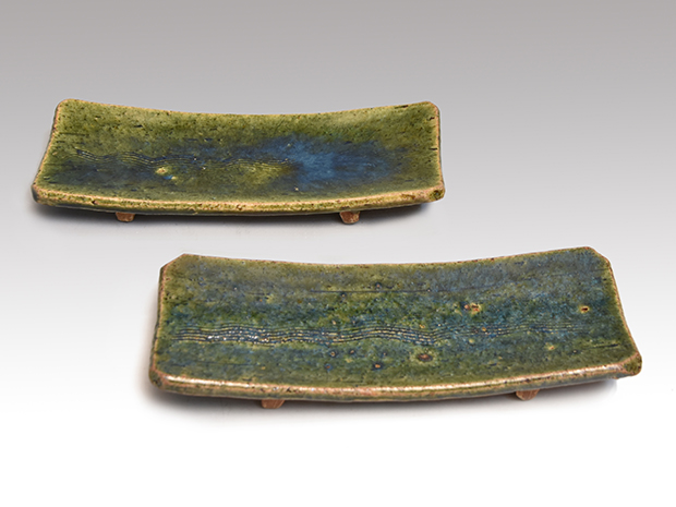 北大路魯山人(作) 織部釉 長角平向 櫛目文 2客 二代 黒田陶々庵識箱