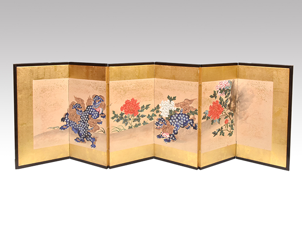 雛屏風 唐獅子牡丹画 江戸後期 六曲半双 | 古美術ささき