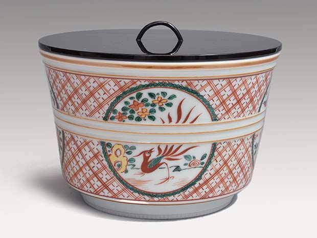 五代 三浦竹泉(作) 赤絵花鳥文水指 共箱 誂え塗蓋付 | 古美術ささき