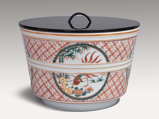 五代 三浦竹泉(作) 赤絵花鳥文水指 共箱 誂え塗蓋付 | 古美術ささき