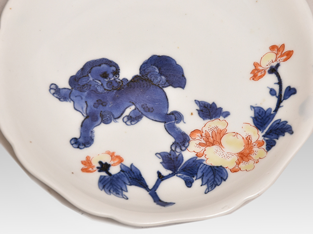 古伊万里（古九谷様式）色絵唐獅子牡丹文小皿5枚 時代箱 江戸時代中期