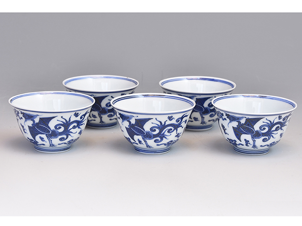 平安竹泉 青華染付 雙鱼紋樣四方盃 茶道具