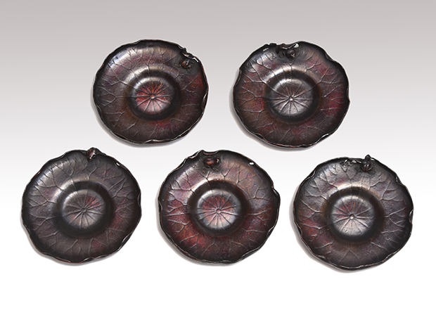 斑紫銅 蓮葉形茶托 五枚 三浦研斎(作) 共箱 | 古美術ささき