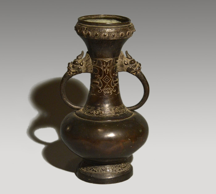 唐物 時代 唐銅(古銅) 龍耳累座入柑子口 花入 | 古美術ささき