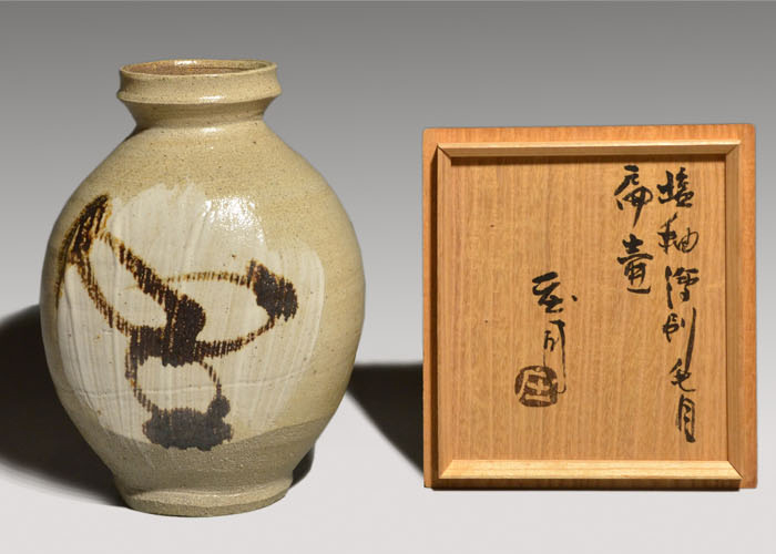 浜田庄司(作) 塩釉絵刷毛目扁壷 共箱 | 古美術ささき