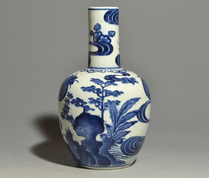 古伊万里(藍九谷様式)染付 流水に岩樹木図 花生 江戸時代初～中期頃