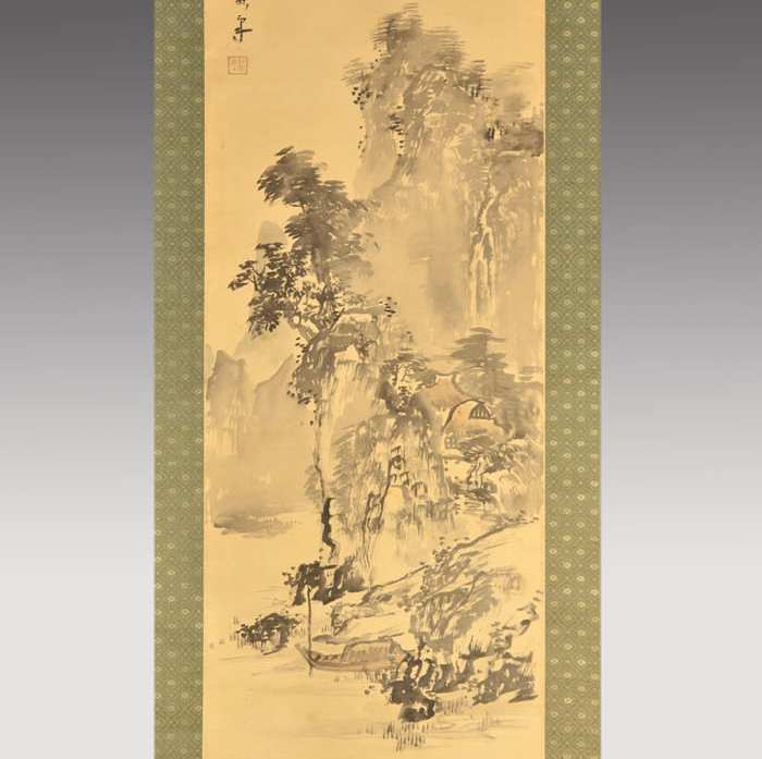 中村不折 絹本縦軸 「清渓泊舟図」 共箱 名品 戦前三越展覧会作品 | 古