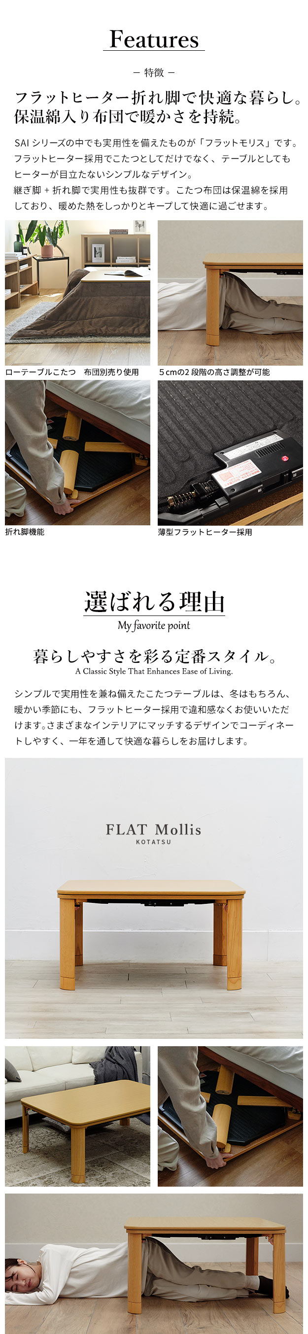 フラットヒーター折れ脚こたつ Flat Mollis(フラットモリス) 60x60cm 2