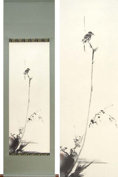 掛け軸 枯木鳴鵙図 （宮本武蔵）（複製掛軸） 送料無料 【掛軸】【半間