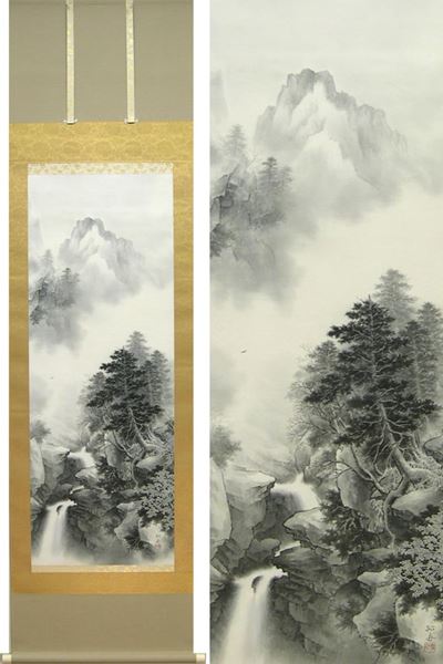 掛け軸 水墨山水 (武藤孤舟) ※即納※ 送料無料 【掛軸】【一間床・半間