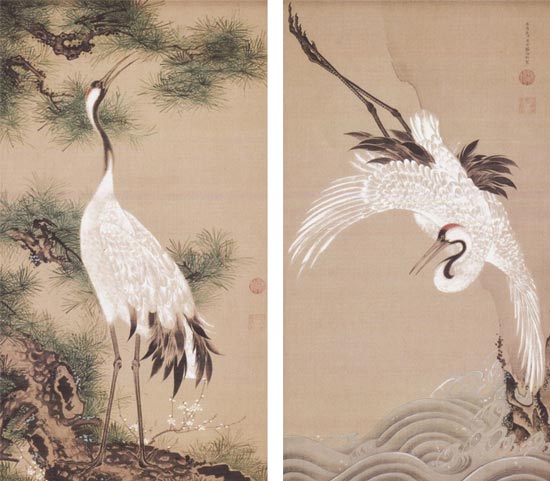 伊藤若冲 掛け軸 白鶴図双幅（松に鶴・浪に鶴） 送料無料 【掛軸】【一