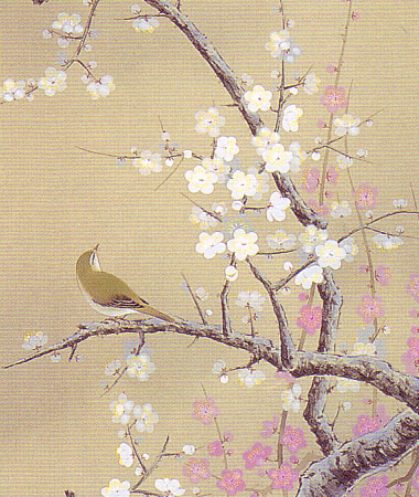 掛け軸 紅白梅に鶯 （北条静香） 送料無料 【掛軸】【一間床・半間床