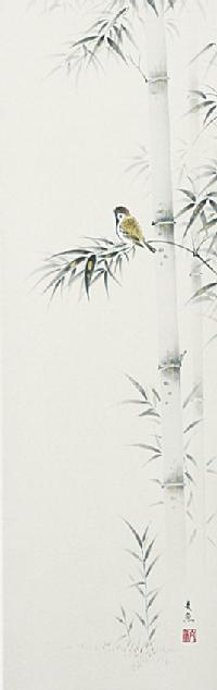 花鳥画「竹に雀」 中谷文魚 半切立 【特価 】！ 花鳥画 - 掛け軸（掛軸