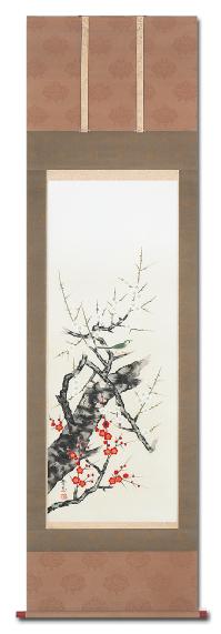 紅白梅に鶯 田中登志 尺五立 肉筆（冬・春）！ 冬 - 掛け軸（掛軸
