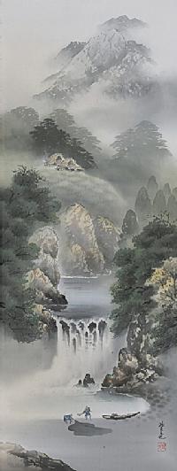 彩色山水 西脇紫光「尺五立」肉筆！ 山水画 - 掛け軸（掛軸）販売通販