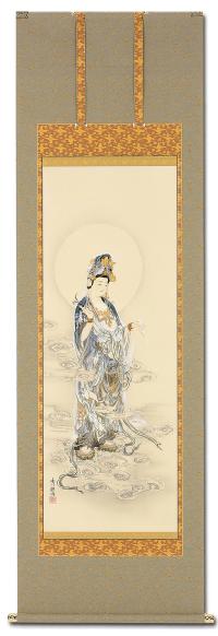 雲上観音（右向き） 伊藤 香川 （尺五）肉筆 あ067！ 観音 - 掛け軸