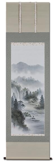 彩色山水 井上春月「尺五立」肉筆！ 山水画 - 掛け軸（掛軸）販売通販