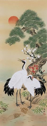 松竹梅鶴亀 鈴木春秋 (尺五立）肉筆！ 祝儀掛け - 掛け軸（掛軸）販売