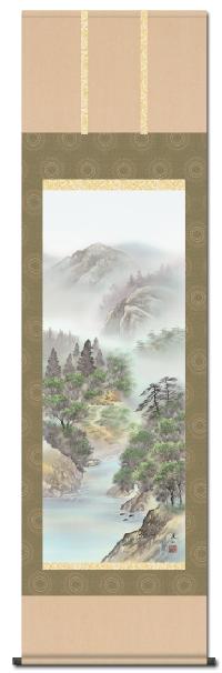 彩色山水】 緑風水明 伊藤渓山 （三美会）尺五 日本製 山水画 - 掛け軸