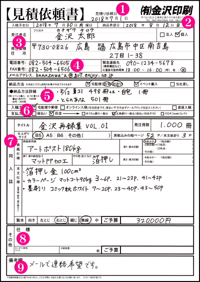 同人誌印刷 金沢印刷｜各注文書・特別見積依頼書の書き方