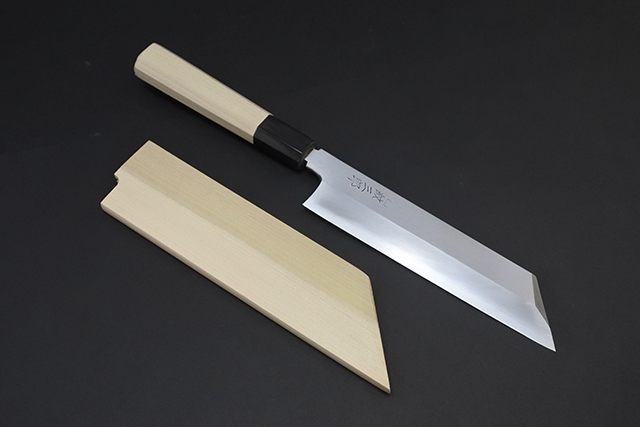 紋三郎】銀三鋼 ステンレス 本霞 刃渡り18cm 6寸むき物包丁 木鞘付き