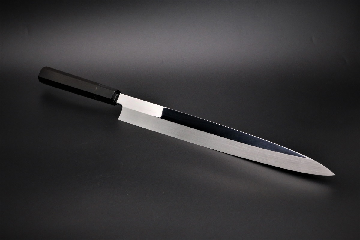 柳刃 白鋼 330mm 油本焼 平鏡面 八角黒檀柄 白木健一作-歌舞伎ナイフ