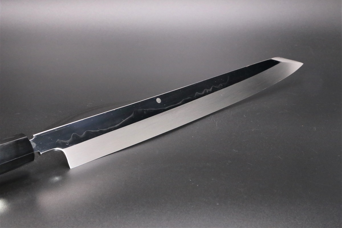 切付柳刃 白一鋼 330mm 水本焼 富士掛かり満月 両鏡面 八角黒檀柄 玄海