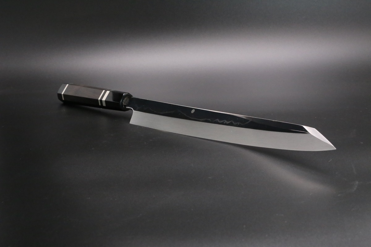 切付柳刃 白一鋼 330mm 水本焼 富士掛かり満月 両鏡面 八角黒檀柄 玄海