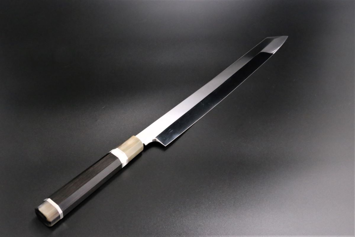 切付柳刃 白一鋼 水本焼 360mm 全鏡面 玄海正国作-歌舞伎ナイフ