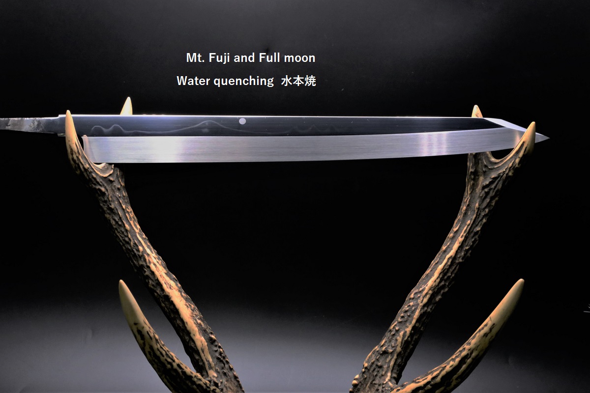 切付柳刃 白一鋼 水本焼 360mm 富士掛かり満月 両鏡面 八角黒檀柄 玄海